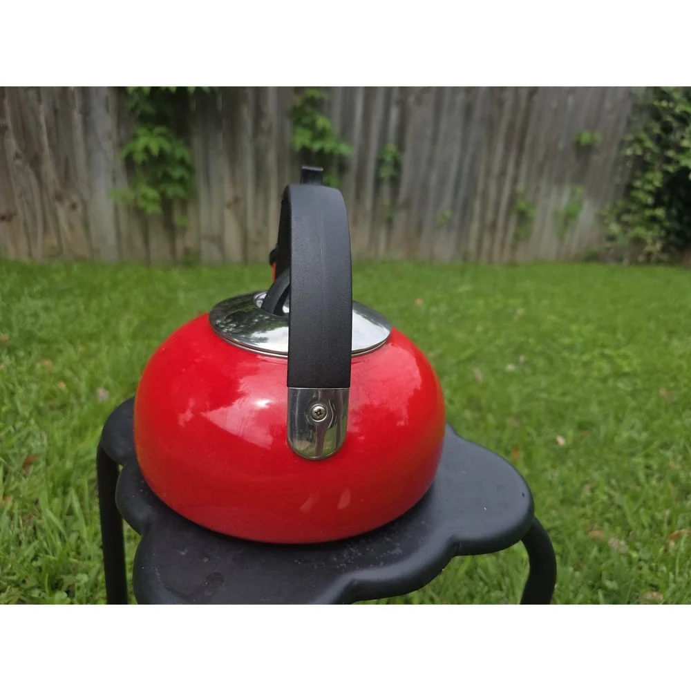 Red Enamel Whistling Tea Kettle Stovetop Water Pot with Black Handle